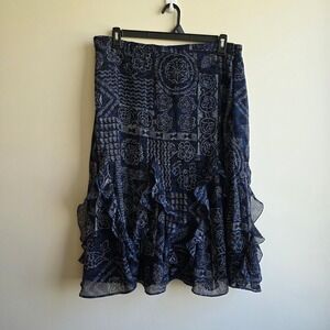 Coldwater Creek Blue Patchwork Floral Ruffle Georgette Midi Skirt PXL Fairy Goth